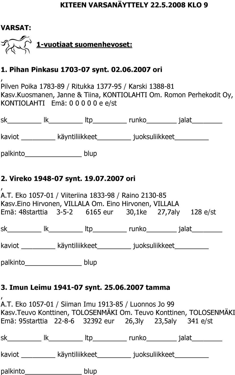 Vireko 1948-07 synt. 19.07.2007 ori, A.T. Eko 1057-01 / Viiteriina 1833-98 / Raino 2130-85 Kasv.Eino Hirvonen, VILLALA Om.