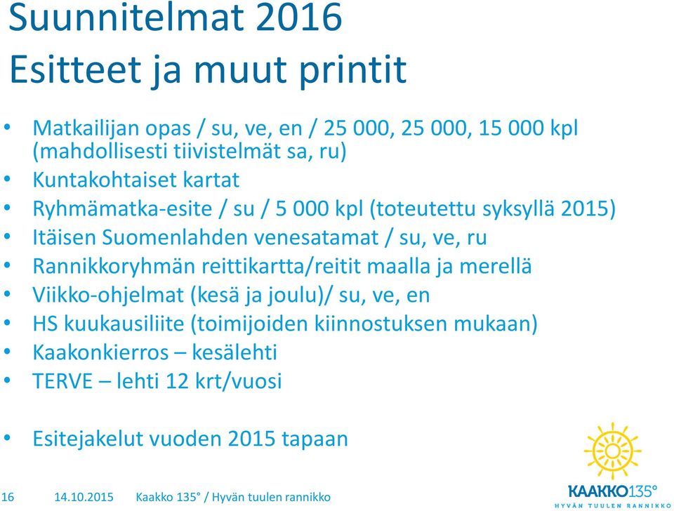 venesatamat / su, ve, ru Rannikkoryhmän reittikartta/reitit maalla ja merellä Viikko-ohjelmat (kesä ja joulu)/ su, ve, en HS