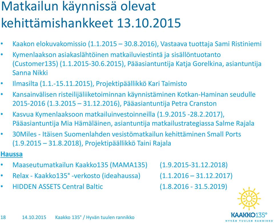 1.-15.11.2015), Projektipäällikkö Kari Taimisto Kansainvälisen risteilijäliiketoiminnan käynnistäminen Kotkan-Haminan seudulle 2015-2016 (1.3.2015 31.12.