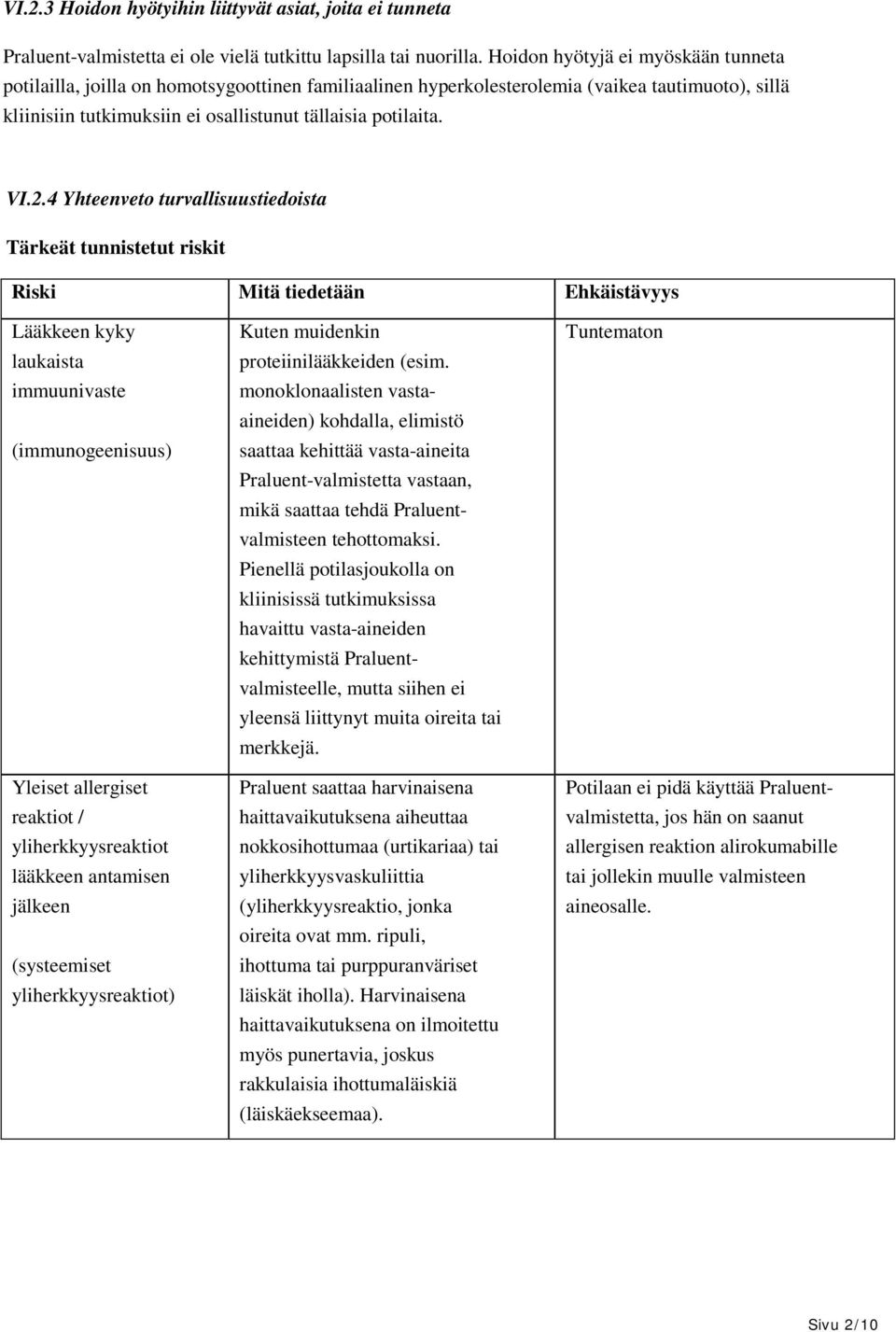 2.4 Yhteenveto turvallisuustiedoista Tärkeät tunnistetut riskit Riski Mitä tiedetään Ehkäistävyys Lääkkeen kyky laukaista immuunivaste (immunogeenisuus) Yleiset allergiset reaktiot /