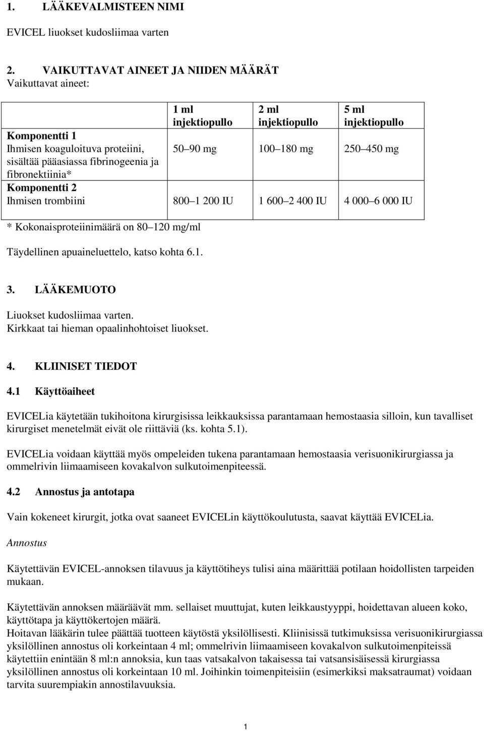 injektiopullo 50 90 mg 100 180 mg 250 450 mg Komponentti 2 Ihmisen trombiini 800 1 200 IU 1 600 2 400 IU 4 000 6 000 IU * Kokonaisproteiinimäärä on 80 120 mg/ml Täydellinen apuaineluettelo, katso