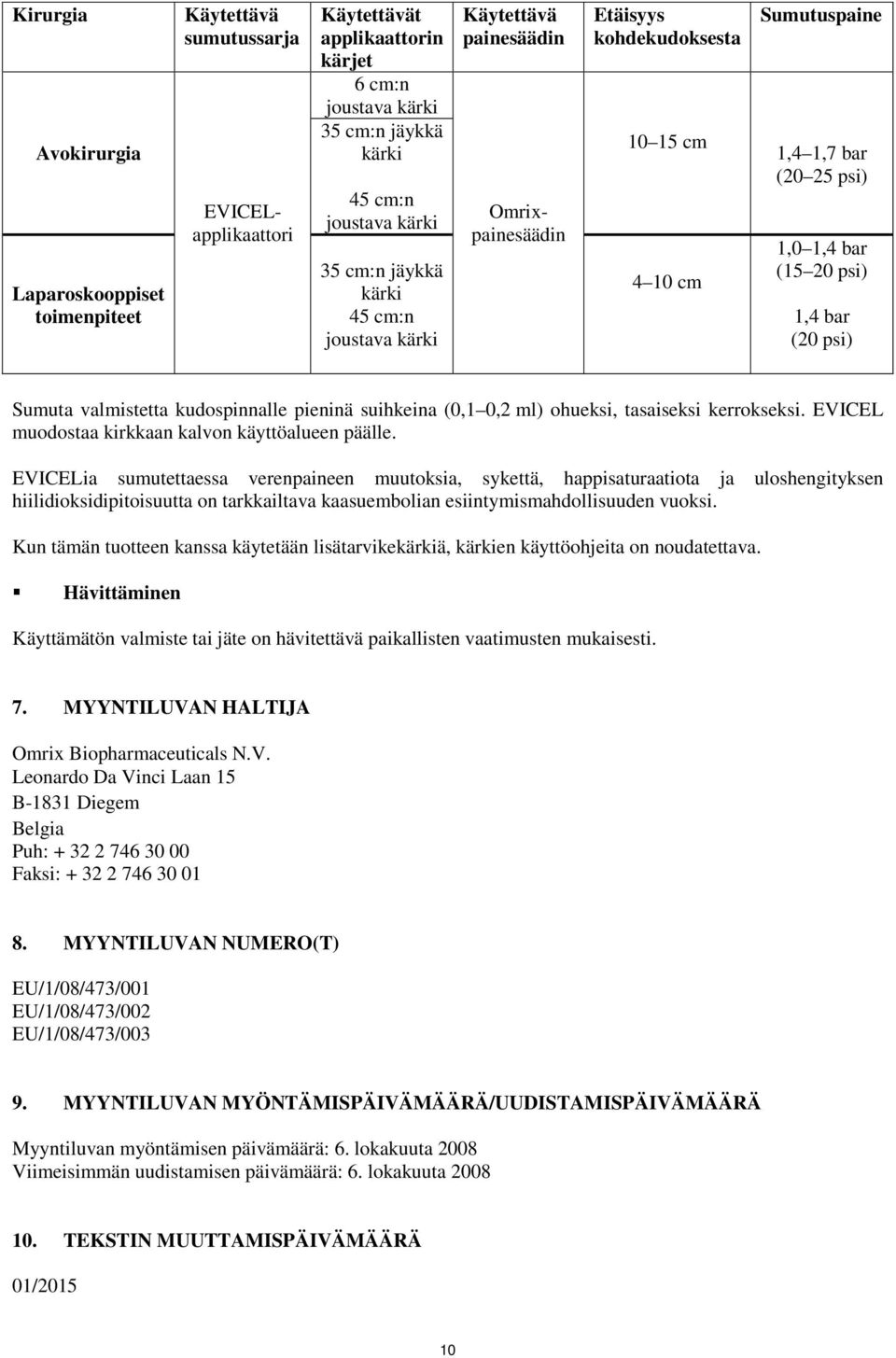Sumuta valmistetta kudospinnalle pieninä suihkeina (0,1 0,2 ml) ohueksi, tasaiseksi kerrokseksi. EVICEL muodostaa kirkkaan kalvon käyttöalueen päälle.