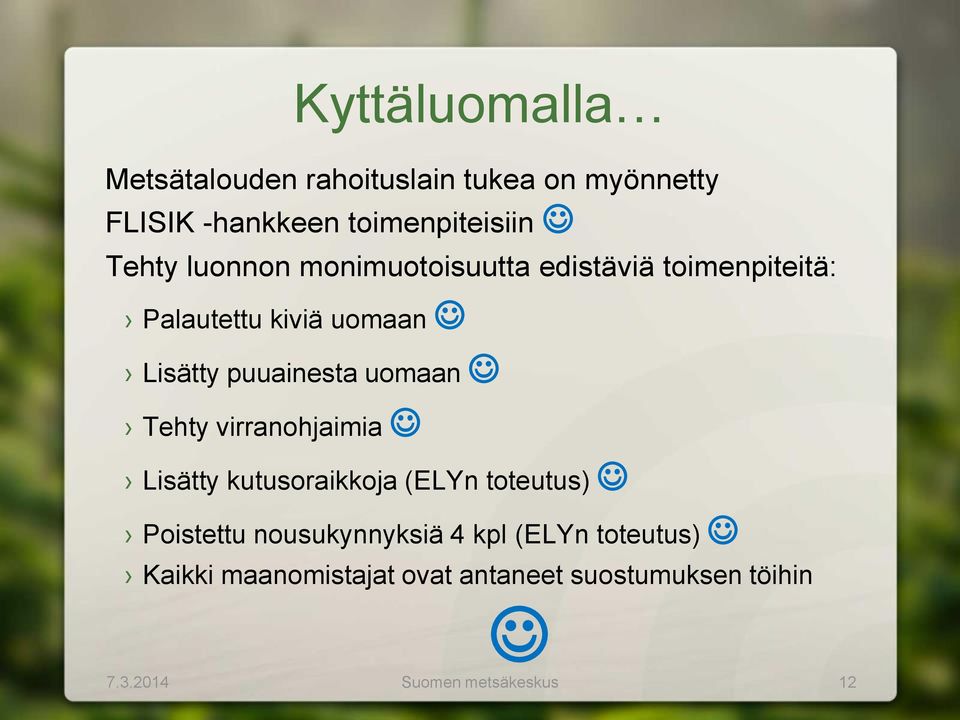 puuainesta uomaan Tehty virranohjaimia Lisätty kutusoraikkoja (ELYn toteutus) Poistettu