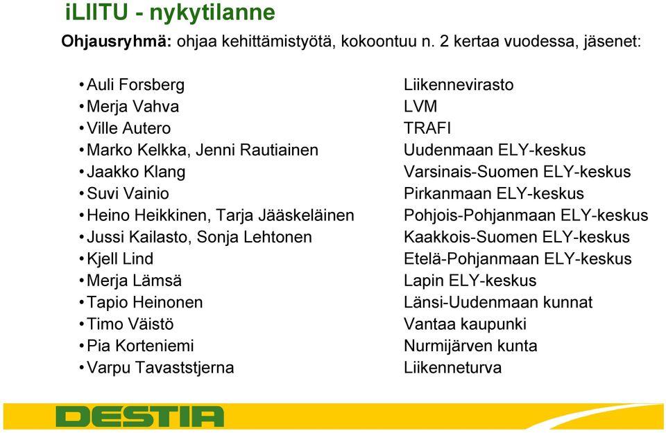 Jääskeläinen Jussi Kailasto, Sonja Lehtonen Kjell Lind Merja Lämsä Tapio Heinonen Timo Väistö Pia Korteniemi Varpu Tavaststjerna Liikennevirasto LVM