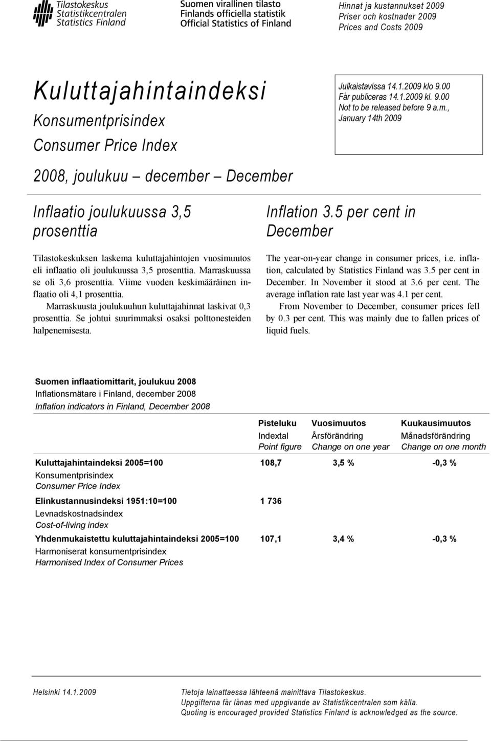 , January 14th 2009 2008, joulukuu december December Inflaatio joulukuussa 3,5 prosenttia Tilastokeskuksen laskema kuluttajahintojen vuosimuutos eli inflaatio oli joulukuussa 3,5 prosenttia.
