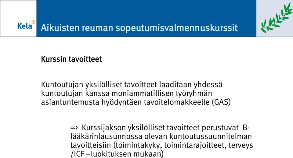 tavitelmakkeelle (GAS) => Kurssijaksn yksilölliset tavitteet perustuvat B- lääkärinlausunnssa