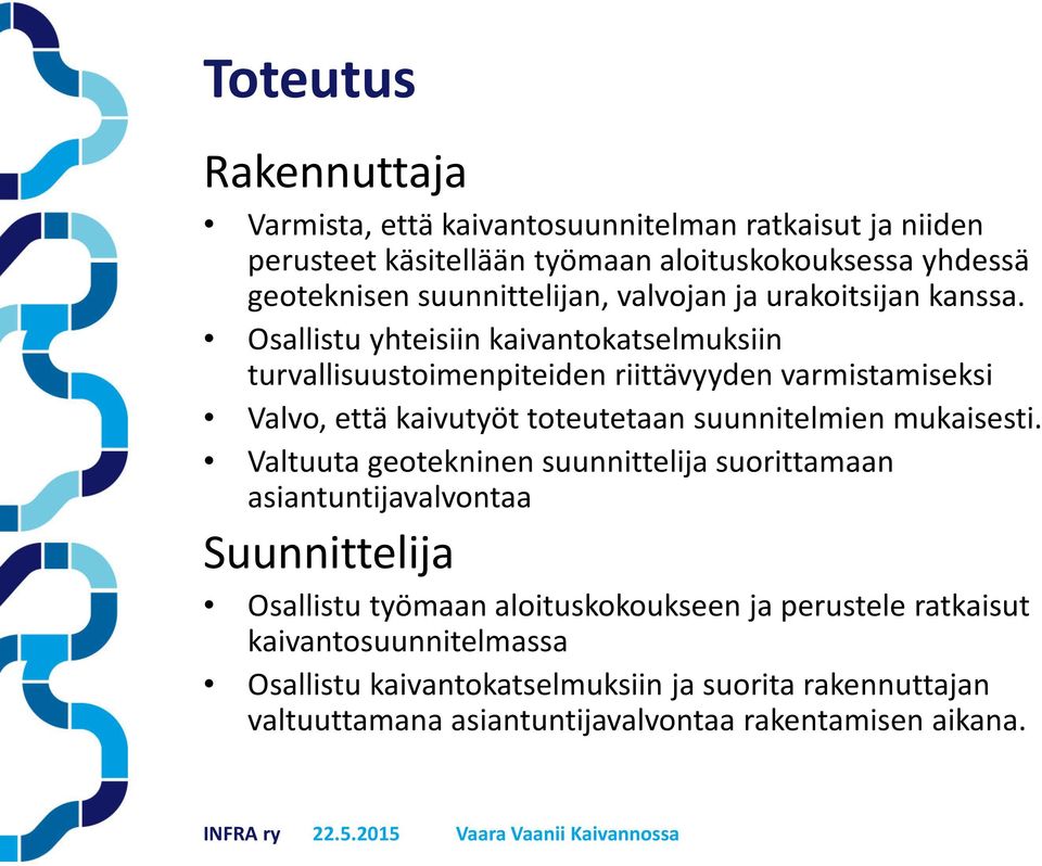 Osallistu yhteisiin kaivantokatselmuksiin turvallisuustoimenpiteiden riittävyyden varmistamiseksi Valvo, että kaivutyöt toteutetaan suunnitelmien mukaisesti.