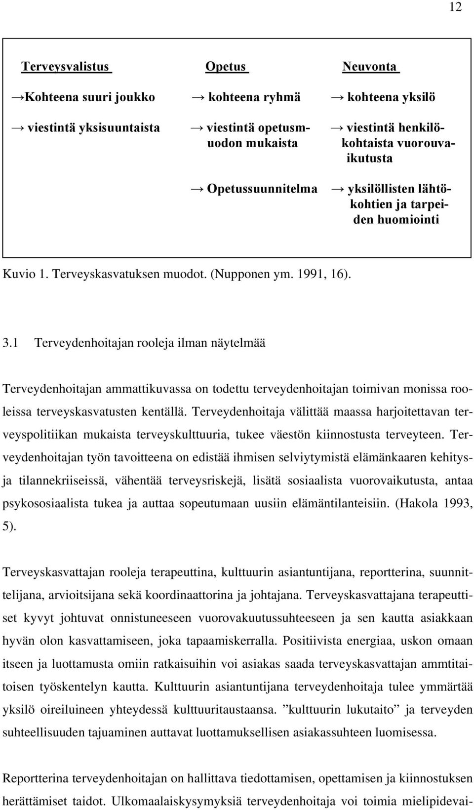 1 Terveydenhoitajan rooleja ilman näytelmää Terveydenhoitajan ammattikuvassa on todettu terveydenhoitajan toimivan monissa rooleissa terveyskasvatusten kentällä.