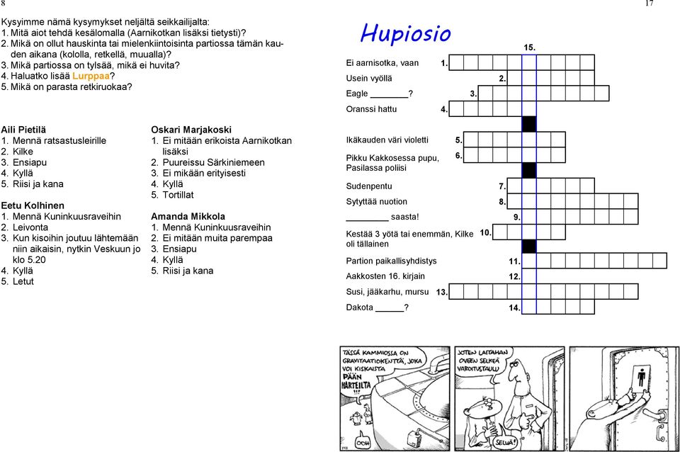 Mikä on parasta retkiruokaa? Hupiosio Ei aarnisotka, vaan 1. Usein vyöllä 2. Eagle? 3. Oranssi hattu 4. 15. 17 Aili Pietilä 1. Mennä ratsastusleirille 2. Kilke 3. Ensiapu 4. Kyllä 5.