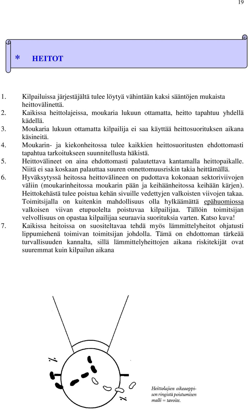 Moukarin- ja kiekonheitossa tulee kaikkien heittosuoritusten ehdottomasti tapahtua tarkoitukseen suunnitellusta häkistä. 5. Heittovälineet on aina ehdottomasti palautettava kantamalla heittopaikalle.