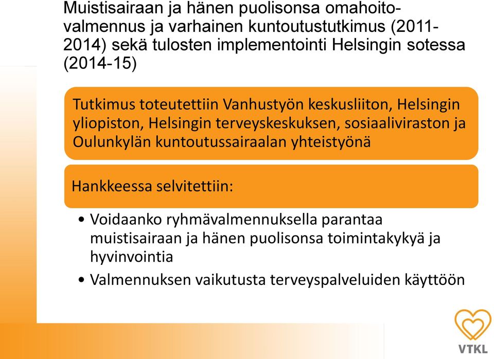 terveyskeskuksen, sosiaaliviraston ja Oulunkylän kuntoutussairaalan yhteistyönä Hankkeessa selvitettiin: Voidaanko