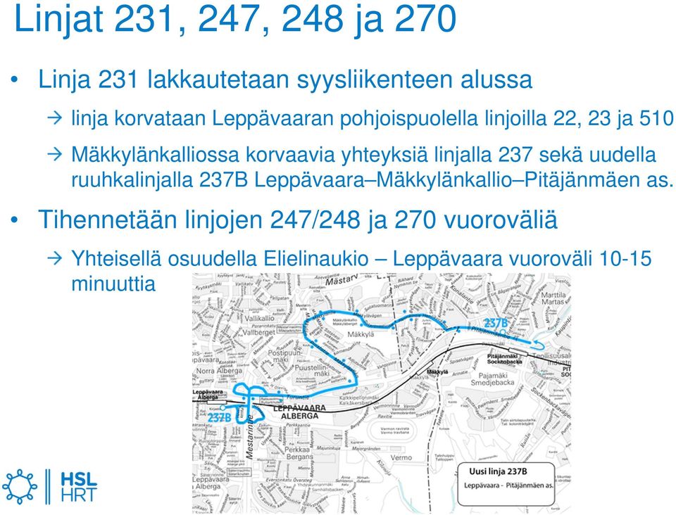 linjalla 237 sekä uudella ruuhkalinjalla 237B Leppävaara Mäkkylänkallio Pitäjänmäen as.