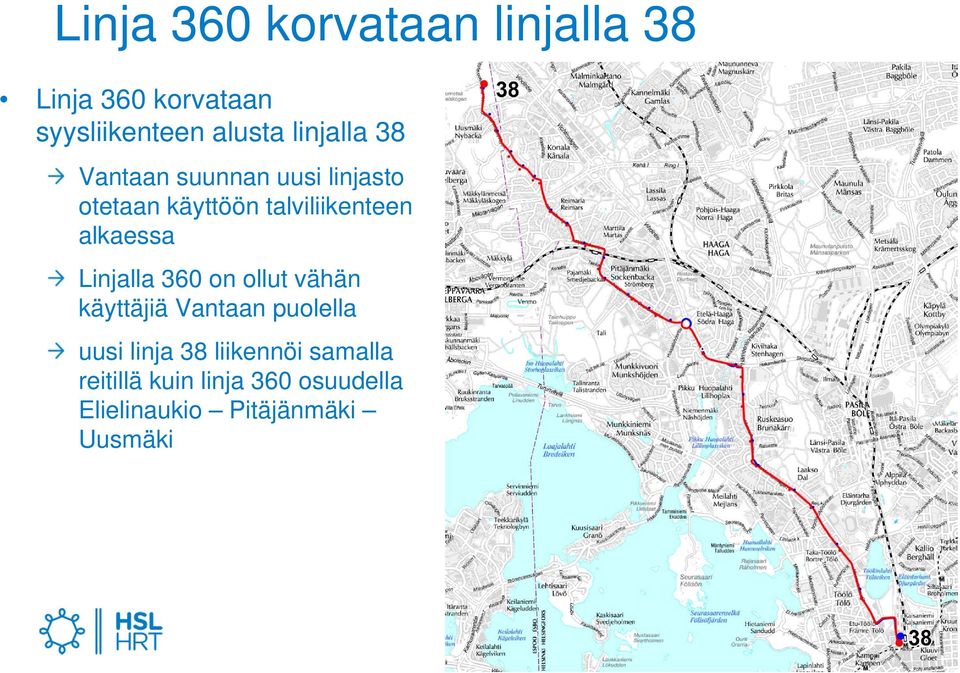 alkaessa Linjalla 360 on ollut vähän käyttäjiä Vantaan puolella uusi linja 38