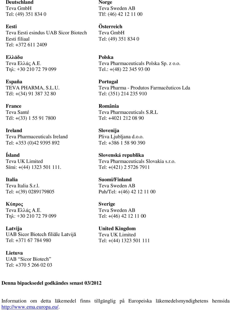 Tél: +(34) 91 387 32 80 France Teva Santé Tél: +(33) 1 55 91 7800 Ireland Teva Pharmaceuticals Ireland Tel: +353 (0)42 9395 892 Ísland Teva UK Limited Sími: +(44) 1323 501 111. Italia Teva Italia S.r.l. Tel: +(39) 0289179805 Κύπρος Teva Ελλάς Α.