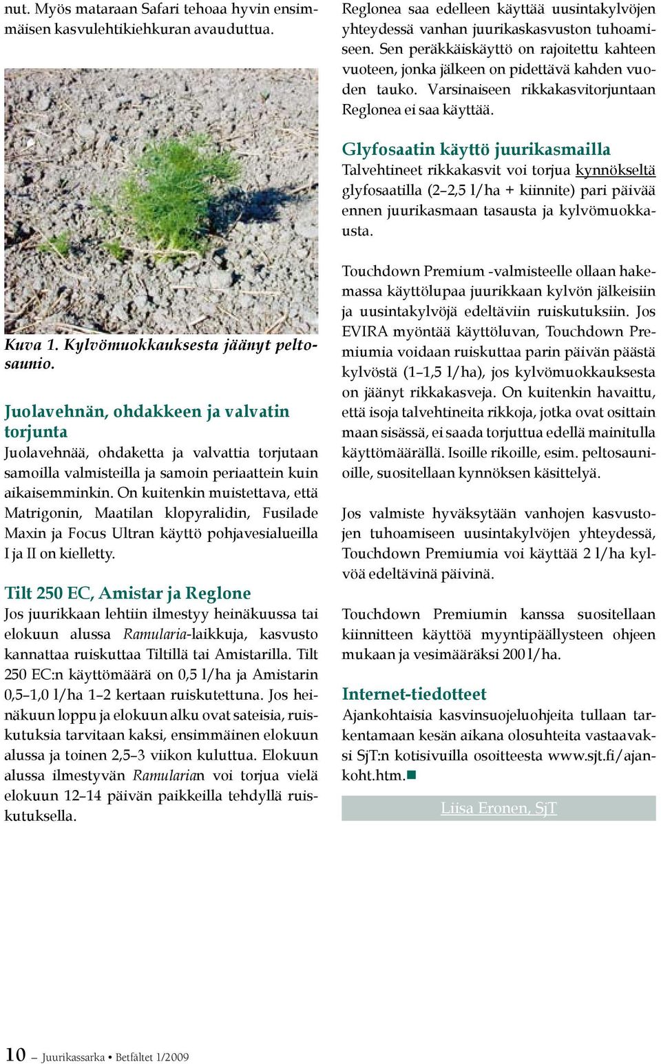 Glyfosaatin käyttö juurikasmailla Talvehtineet rikkakasvit voi torjua kynnökseltä glyfosaatilla (2 2,5 l/ha + kiinnite) pari päivää ennen juurikasmaan tasausta ja kylvömuokkausta. Kuva 1.