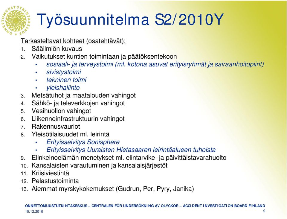 Vesihuollon vahingot 6. Liikenneinfrastruktuurin vahingot 7. Rakennusvauriot 8. Yleisötilaisuudet ml.