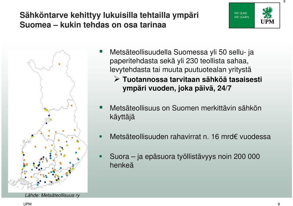 tarvitaan sähköä tasaisesti ympäri vuoden, joka päivä, 24/7 Metsäteollisuus on Suomen merkittävin sähkön käyttäjä