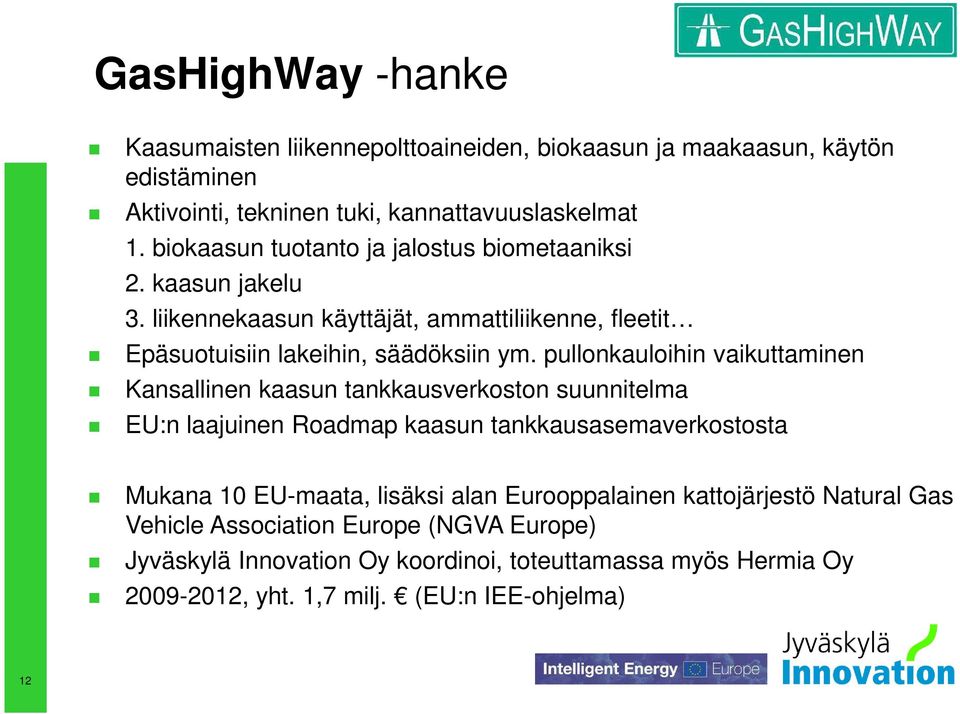 pullonkauloihin vaikuttaminen Kansallinen kaasun tankkausverkoston suunnitelma EU:n laajuinen Roadmap kaasun tankkausasemaverkostosta Mukana 10 EU-maata, lisäksi alan