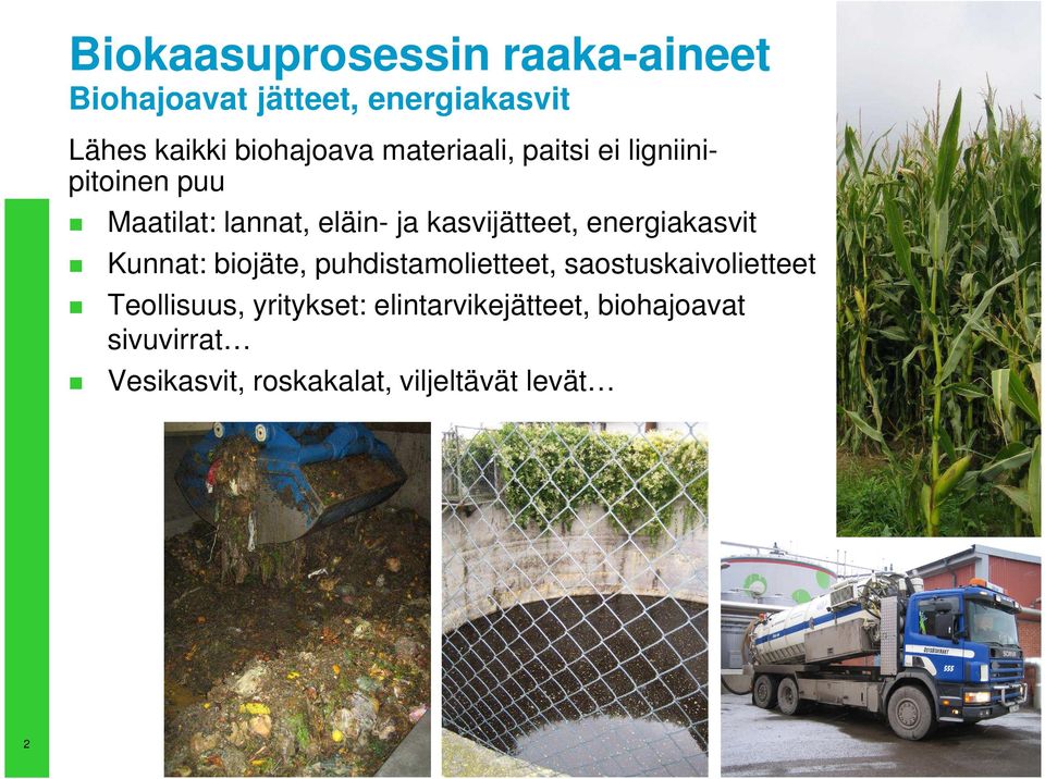 kasvijätteet, energiakasvit Kunnat: biojäte, puhdistamolietteet, saostuskaivolietteet