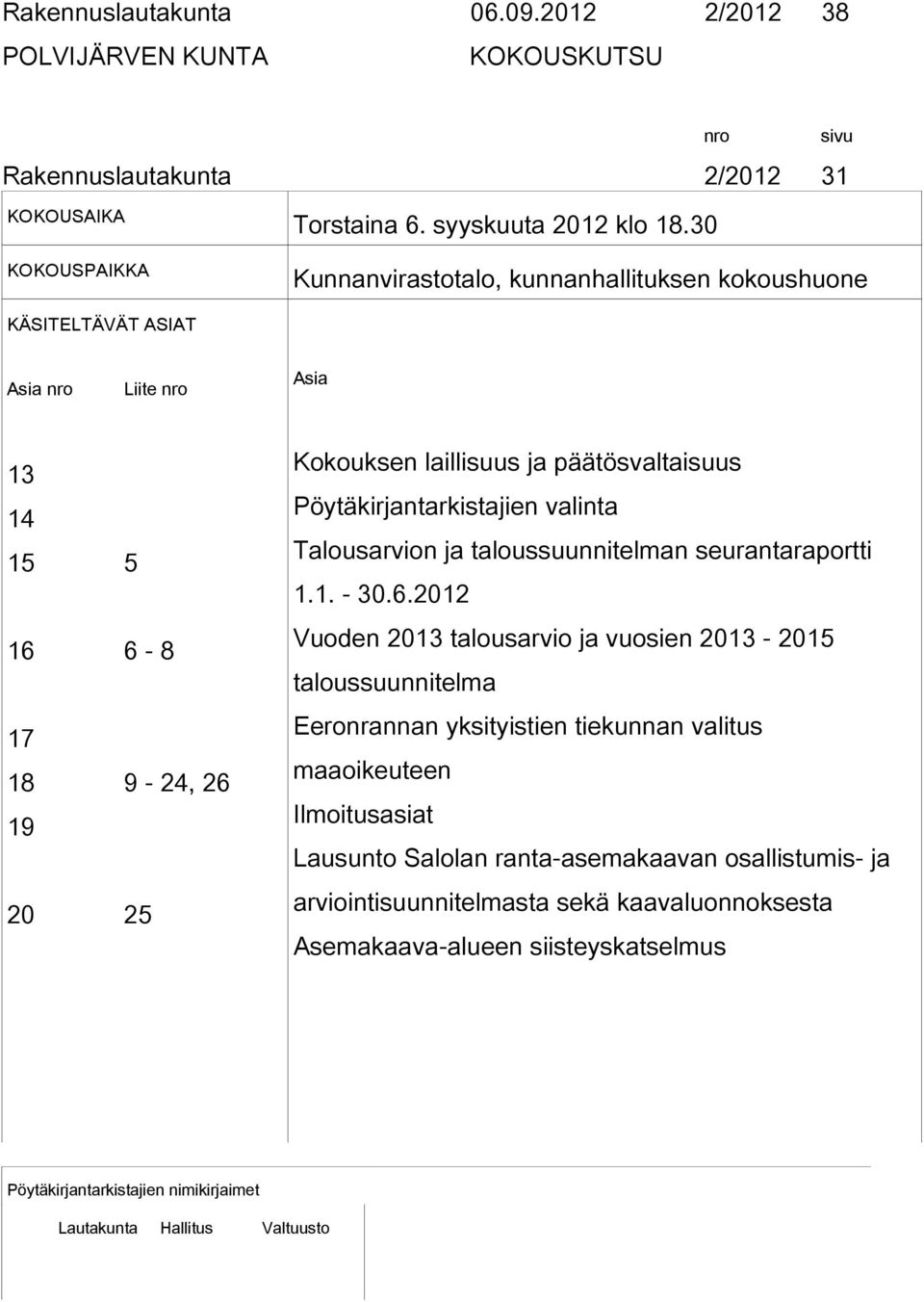 Pöytäkirjantarkistajien valinta Talousarvion ja taloussuunnitelman seurantaraportti 1.1. - 30.6.