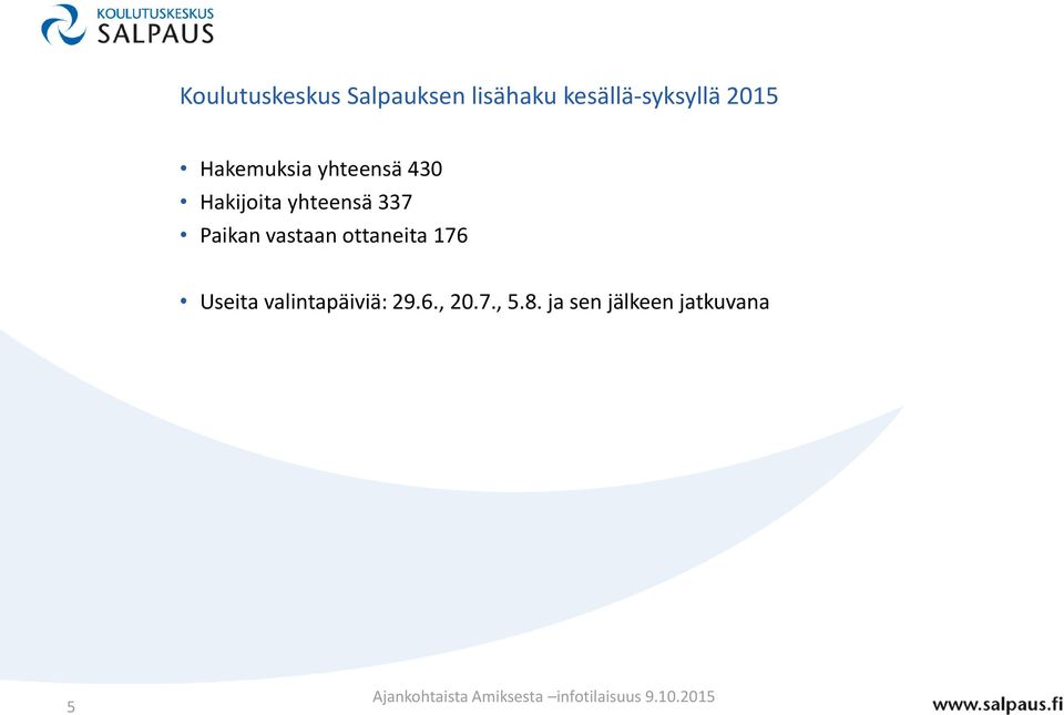 Hakijoita yhteensä 337 Paikan vastaan ottaneita