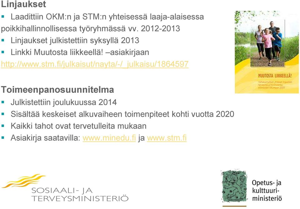 fi/julkaisut/nayta/-/_julkaisu/1864597 Toimeenpanosuunnitelma Julkistettiin joulukuussa 2014 Sisältää keskeiset