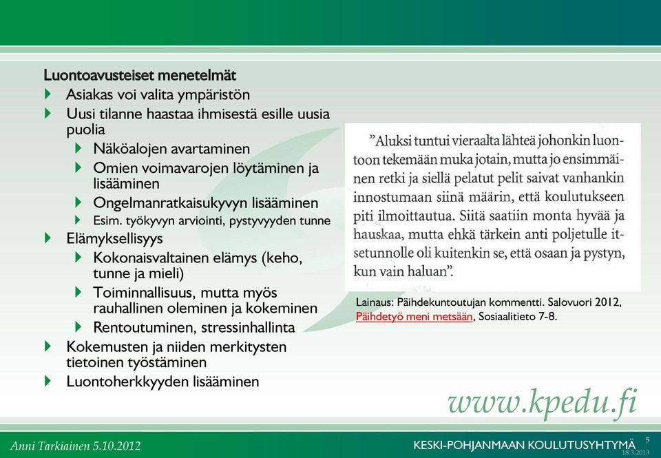 työkyvyn arviointi, pystyvyyden tunne Elämyksellisyys Kokonaisvaltainen elämys (keho, tunne ja mieli) Toiminnallisuus, mutta myös rauhallinen