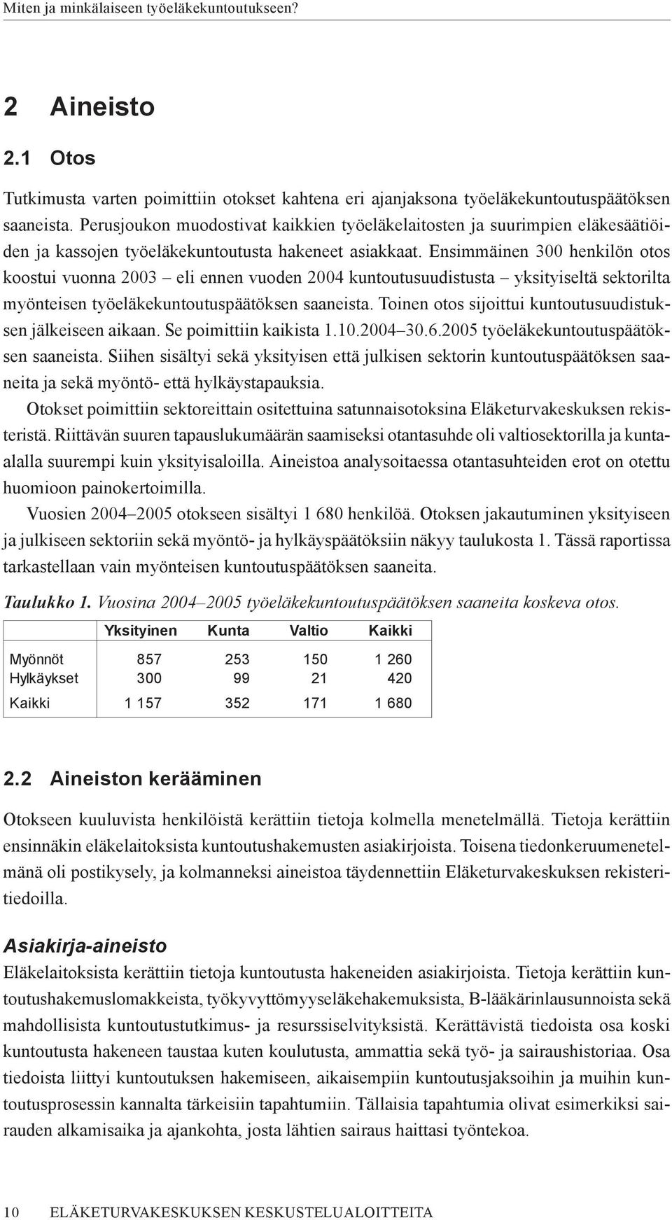 Ensimmäinen 300 henkilön otos koostui vuonna 2003 eli ennen vuoden 2004 kuntoutusuudistusta yksityiseltä sektorilta myönteisen työeläkekuntoutuspäätöksen saaneista.