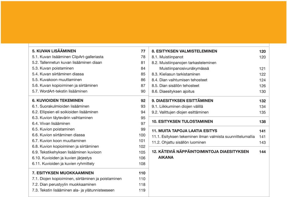 4. Dian vaihtumisen tehosteet 8.5. Dian sisällön tehosteet 8.6. Diaesityksen ajoitus 121 122 124 126 130 6. KUVIOIDEN TEKEMINEN 6.1. Suorakulmioiden lisääminen 6.2. Ellipsien eli soikioiden lisääminen 6.