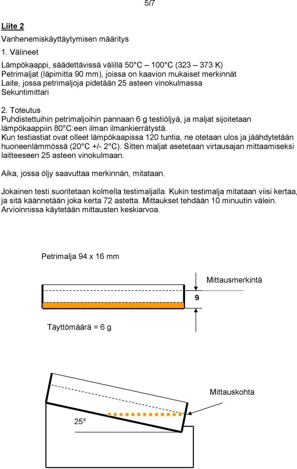 Kun testiastiat ovat olleet lämpökaapissa 120 tuntia, ne otetaan ulos ja jäähdytetään huoneenlämmössä (20 C +/- 2 C).