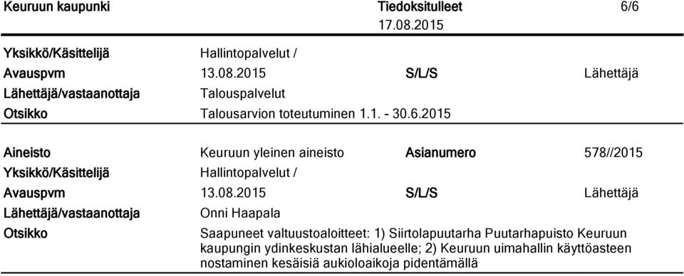 2015 Aineisto Keuruun yleinen aineisto Asianumero 578//2015 Avauspvm 13.08.