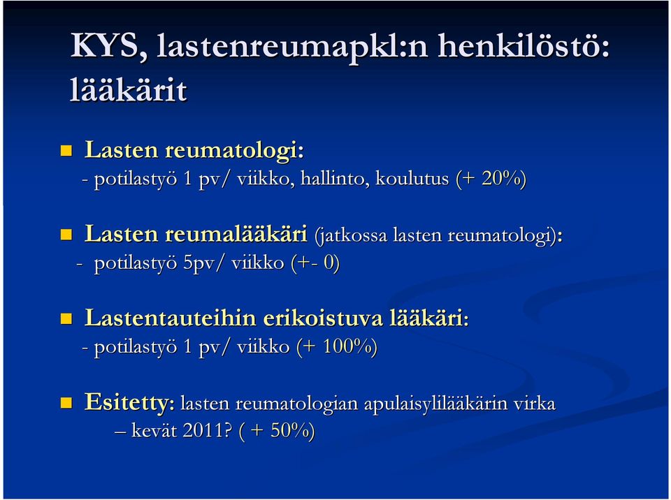 potilastyö 5pv/ viikko (+- 0) Lastentauteihin erikoistuva lääl ääkäri: - potilastyö 1 pv/