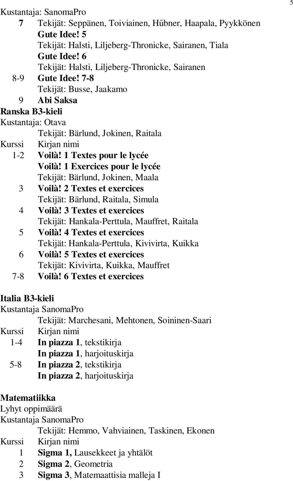 1 Textes pour le lycée Voilà! 1 Exercices pour le lycée Tekijät: Bärlund, Jokinen, Maala 3 Voilà! 2 Textes et exercices Tekijät: Bärlund, Raitala, Simula 4 Voilà!