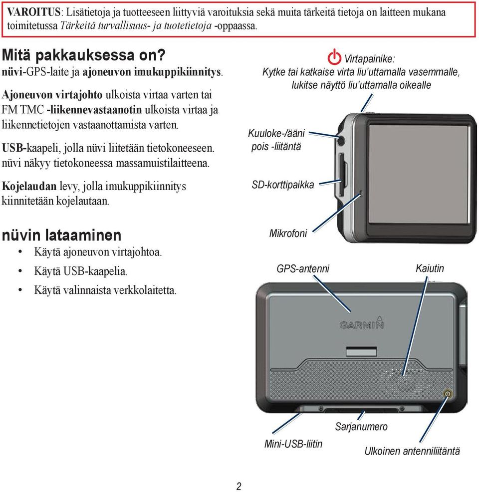 USB-kaapeli, jolla nüvi liitetään tietokoneeseen. nüvi näkyy tietokoneessa massamuistilaitteena. Kojelaudan levy, jolla imukuppikiinnitys kiinnitetään kojelautaan.