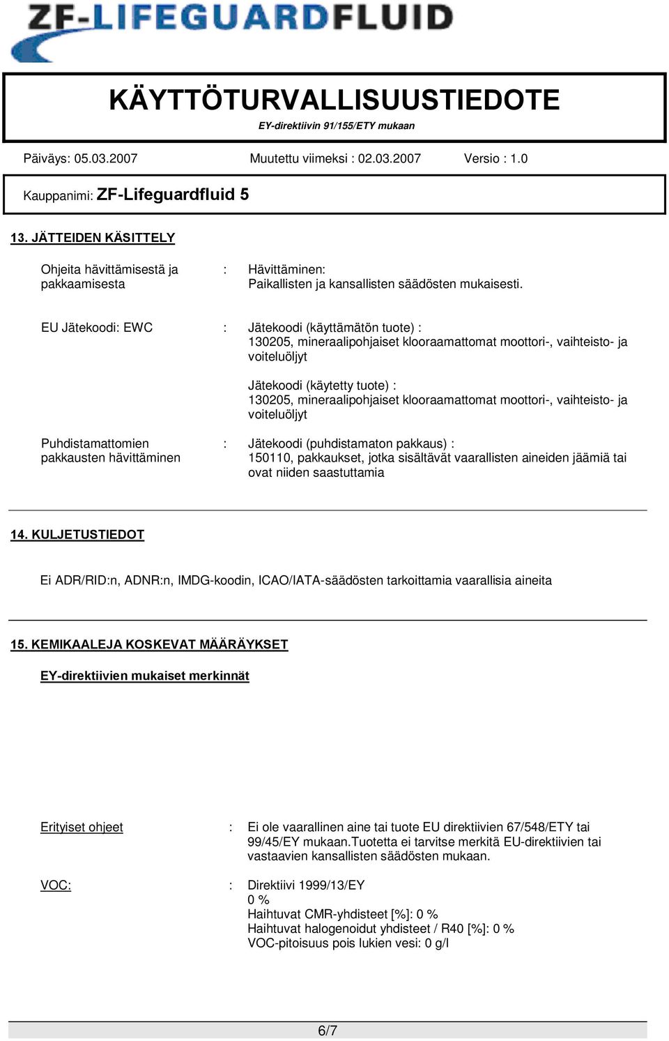 klooraamattomat moottori-, vaihteisto- ja voiteluöljyt Puhdistamattomien pakkausten hävittäminen : Jätekoodi (puhdistamaton pakkaus) : 150110, pakkaukset, jotka sisältävät vaarallisten aineiden