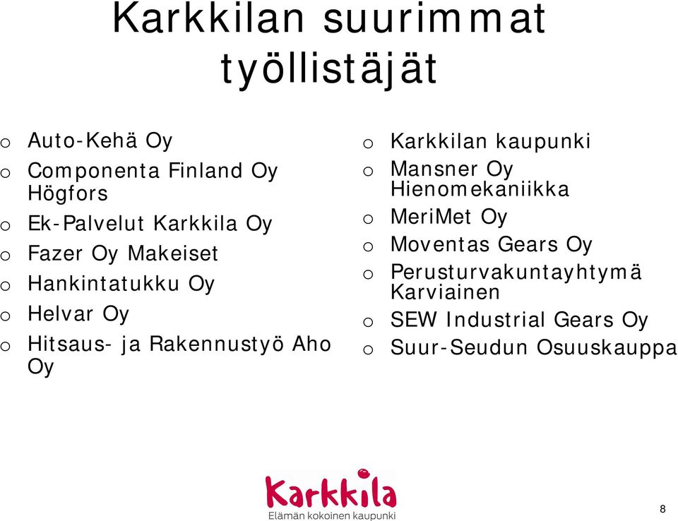 Rakennustyö Aho Oy o Karkkilan kaupunki o Mansner Oy Hienomekaniikka o MeriMet Oy o