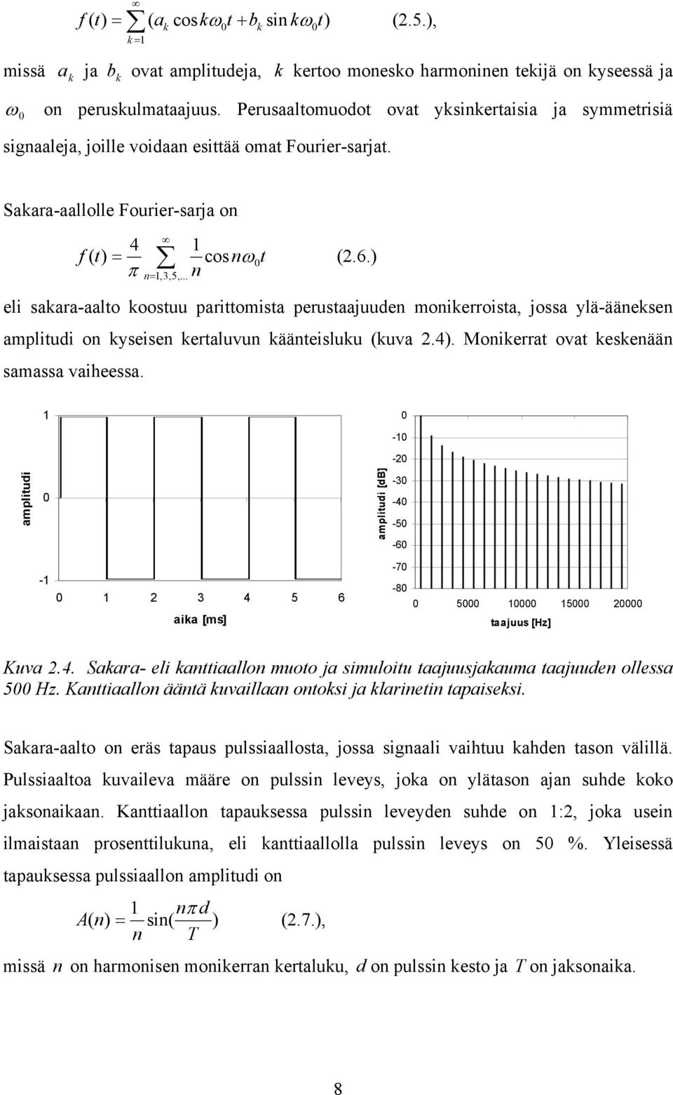 .. eli sakara-aalto koostuu parittomista perustaajuuden monikerroista, jossa ylä-ääneksen amplitudi on kyseisen kertaluvun käänteisluku (kuva 2.4). Monikerrat ovat keskenään samassa vaiheessa.