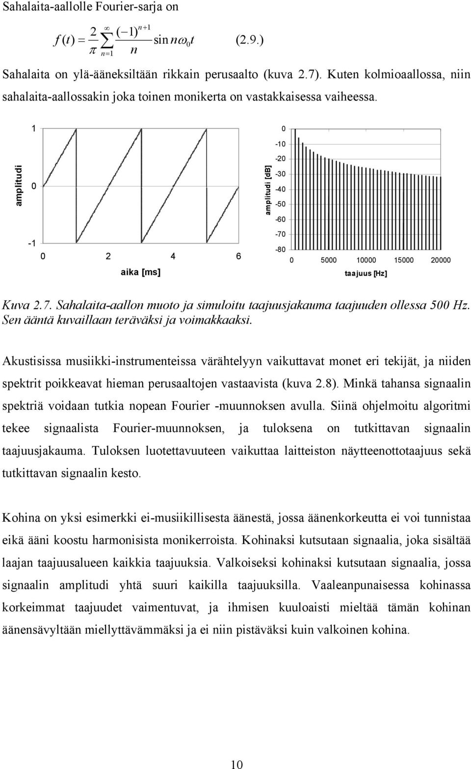 8 5 5 2 taajuus [Hz] Kuva 2.7. Sahalaita-aallon muoto ja simuloitu taajuusjakauma taajuuden ollessa 5 Hz. Sen ääntä kuvaillaan teräväksi ja voimakkaaksi.