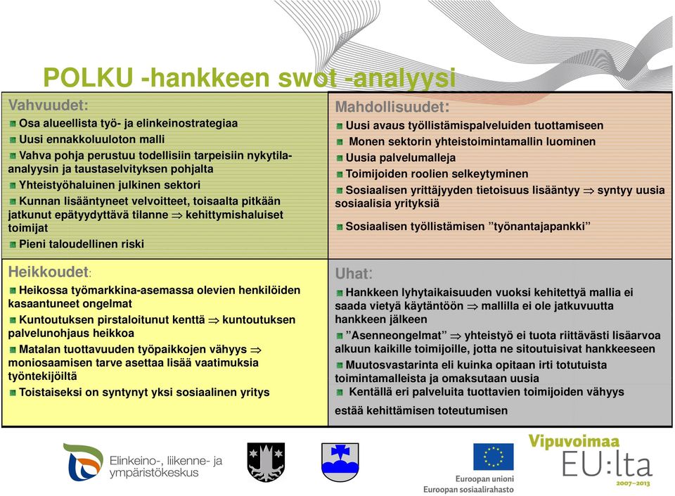 Uusi avaus työllistämispalveluiden tuottamiseen Monen sektorin yhteistoimintamallin luominen Uusia palvelumalleja Toimijoiden roolien selkeytyminen Sosiaalisen yrittäjyyden tietoisuus lisääntyy