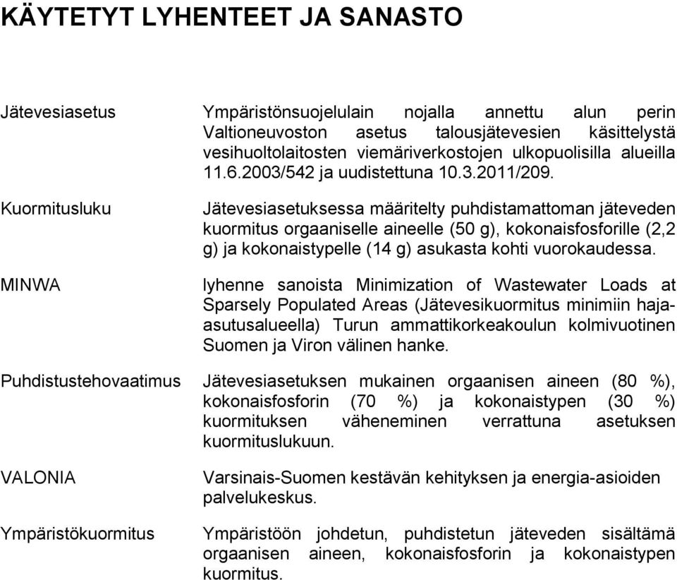 Kuormitusluku MINWA Jätevesiasetuksessa määritelty puhdistamattoman jäteveden kuormitus orgaaniselle aineelle (50 g), kokonaisfosforille (2,2 g) ja kokonaistypelle (14 g) asukasta kohti vuorokaudessa.