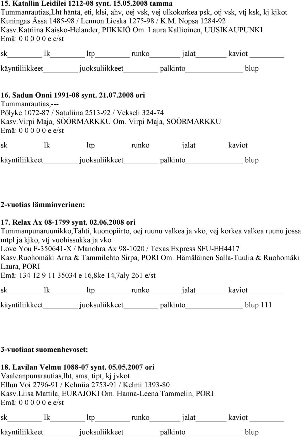 2008 ori Tummanrautias,--- Pölyke 1072-87 / Satuliina 2513-92 / Vekseli 324-74 Kasv.Virpi Maja, SÖÖRMARKKU Om. Virpi Maja, SÖÖRMARKKU 2-vuotias lämminverinen: 17. Relax Ax 08-1799 synt. 02.06.