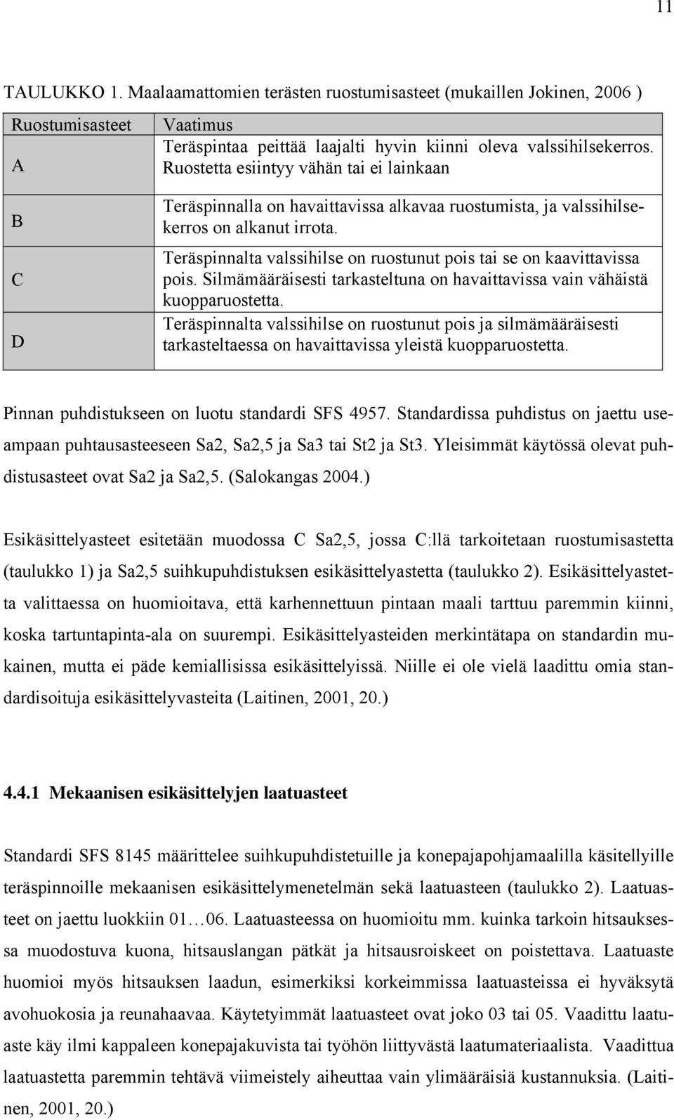 Teräspinnalta valssihilse on ruostunut pois tai se on kaavittavissa pois. Silmämääräisesti tarkasteltuna on havaittavissa vain vähäistä kuopparuostetta.