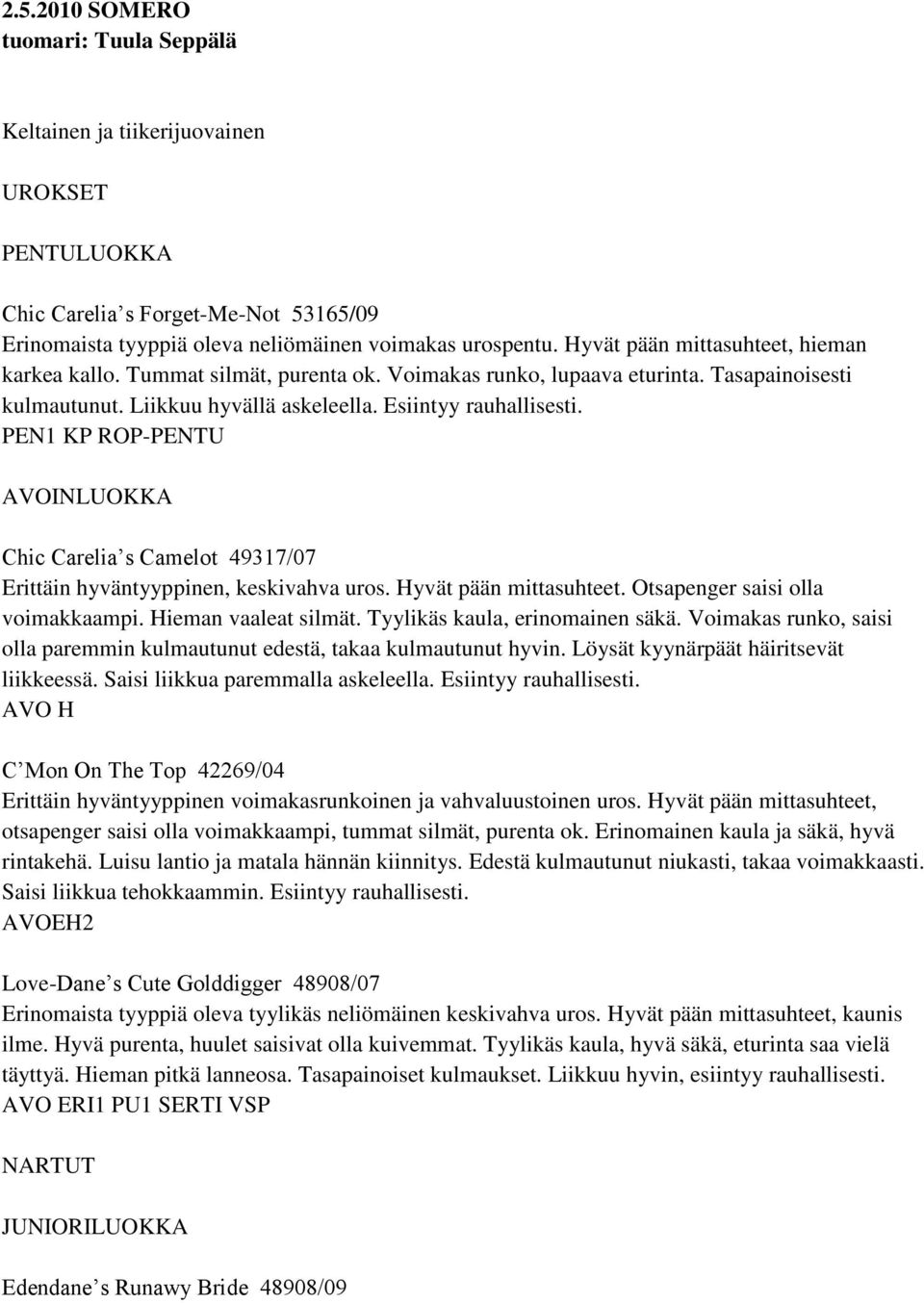 PEN1 KP ROP-PENTU Chic Carelia s Camelot 49317/07 Erittäin hyväntyyppinen, keskivahva uros. Hyvät pään mittasuhteet. Otsapenger saisi olla voimakkaampi. Hieman vaaleat silmät.