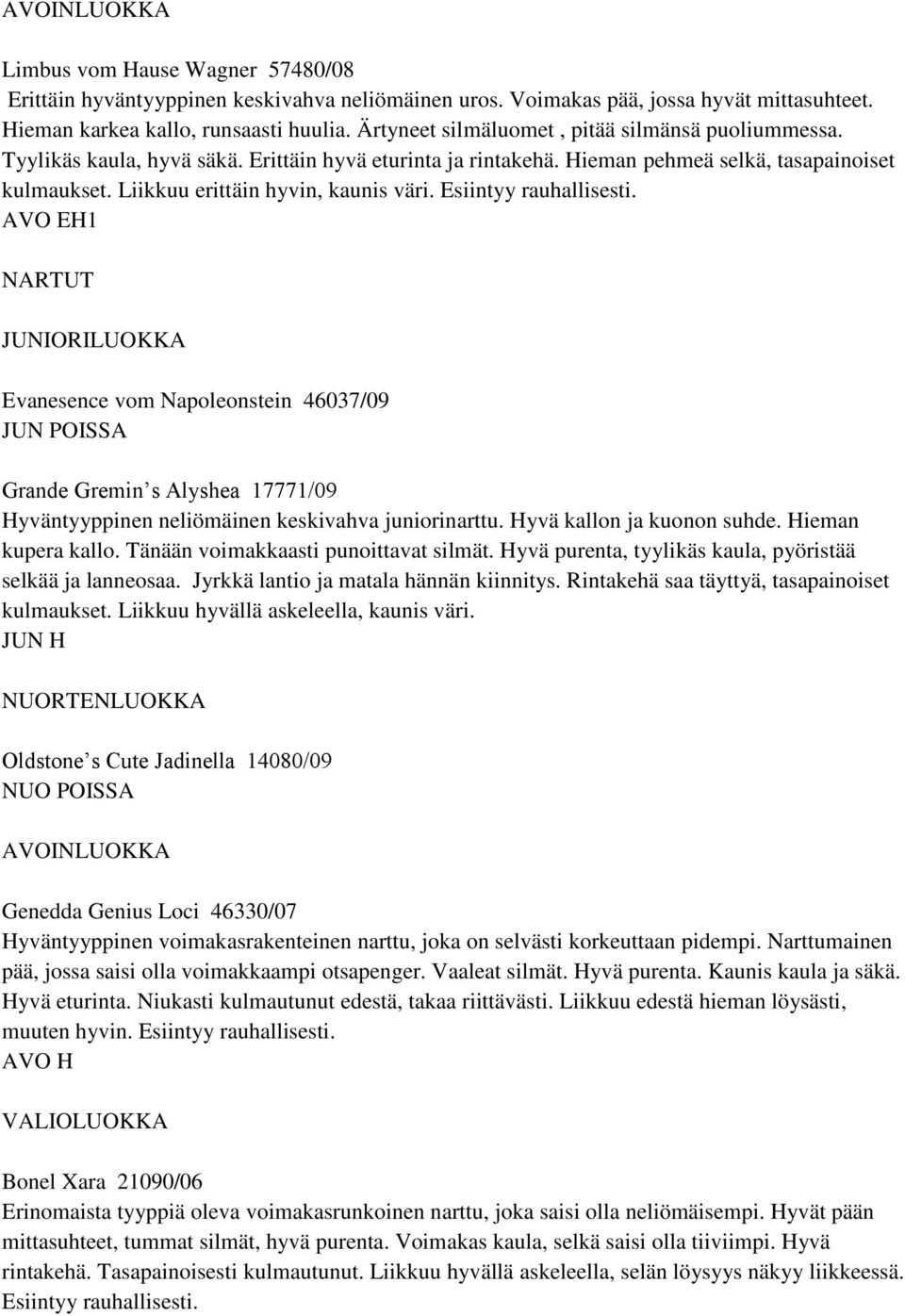 Esiintyy rauhallisesti. AVO EH1 NARTUT Evanesence vom Napoleonstein 46037/09 JUN POISSA Grande Gremin s Alyshea 17771/09 Hyväntyyppinen neliömäinen keskivahva juniorinarttu.