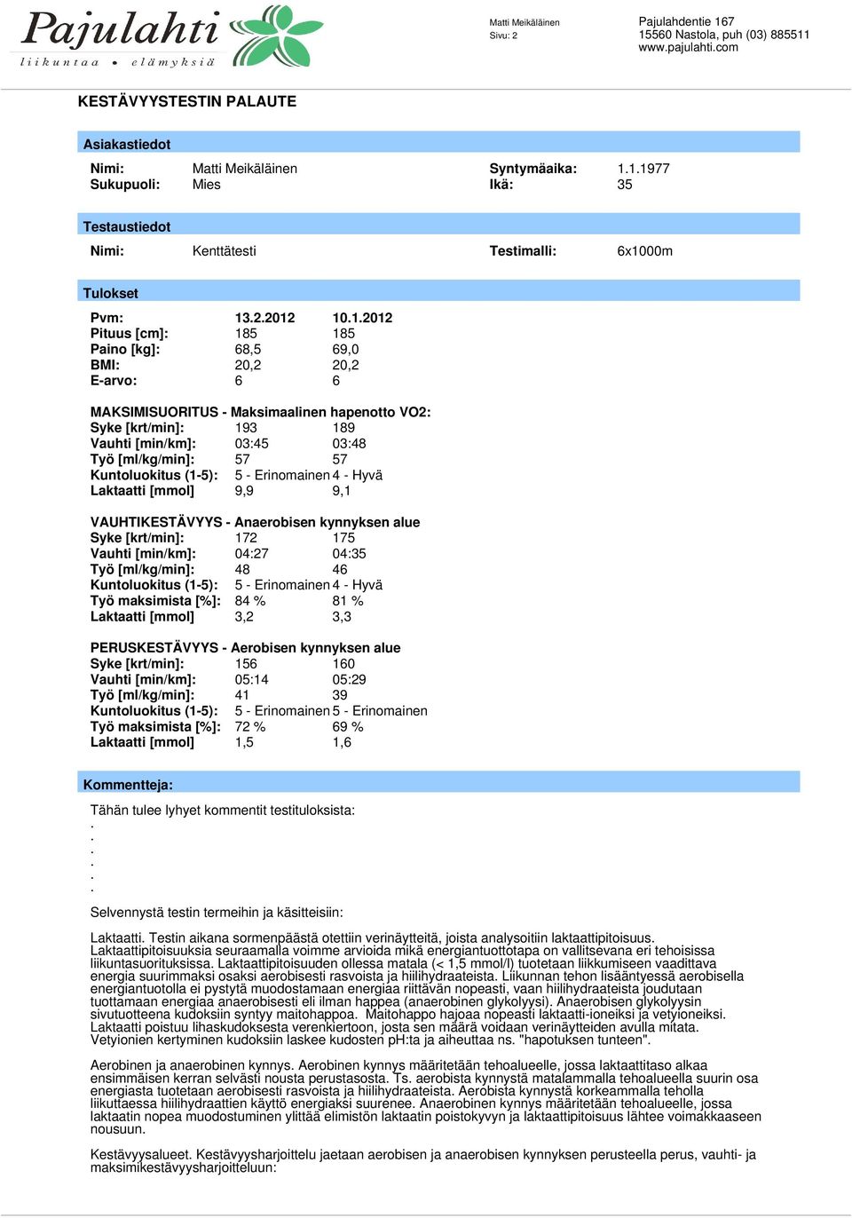 [ml/kg/min]: 57 57 Kuntoluokitus (1-5): 5 - Erinomainen 4 - Hyvä Laktaatti [mmol] 9,9 9,1 VAUHTIKESTÄVYYS - Anaerobisen kynnyksen alue Syke [krt/min]: 172 175 Vauhti [min/km]: 04:27 04:35 Työ