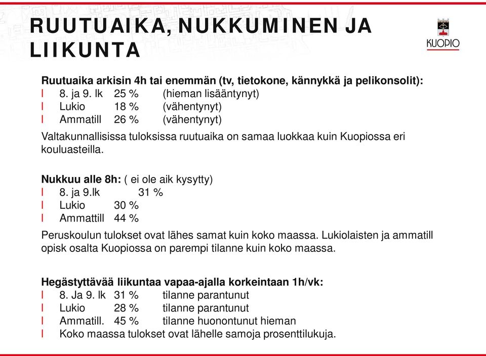 Nukkuu ae 8h: ( ei oe aik kysytty) 8. ja 9.k 31 % Lukio 30 % Ammatti 44 % Peruskouun tuokset ovat ähes samat kuin koko maassa.