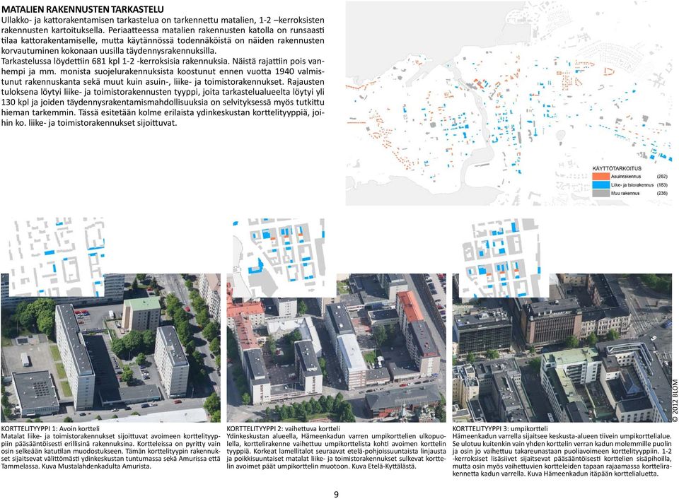 Tarkastelussa löydettiin 681 kpl 1-2 -kerroksisia rakennuksia. Näistä rajattiin pois vanhempi ja mm.