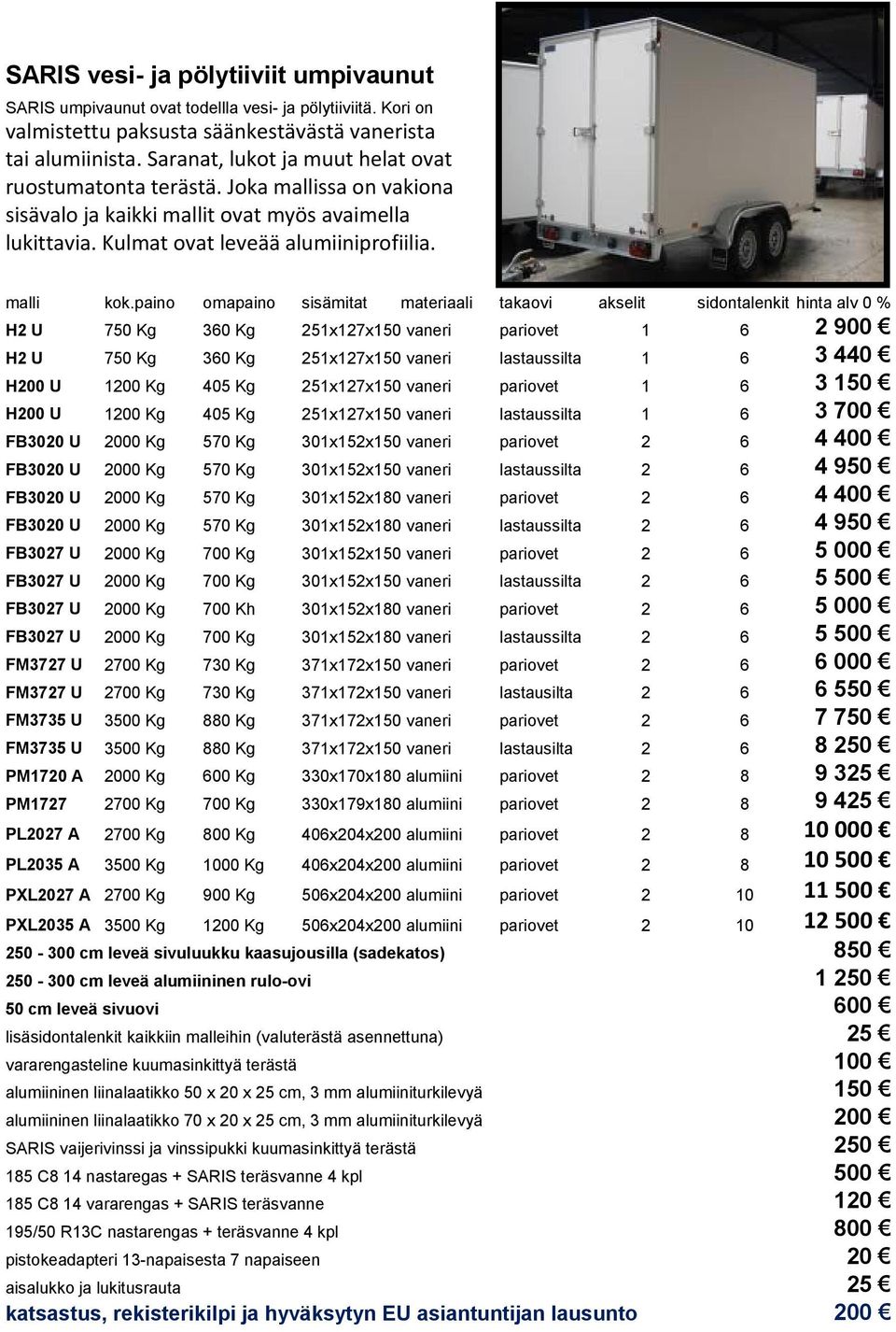 paino omapaino sisämitat materiaali takaovi akselit sidontalenkit hinta alv 0 % H2 U 750 Kg 360 Kg 251x127x150 vaneri pariovet 1 6 2 900 H2 U 750 Kg 360 Kg 251x127x150 vaneri lastaussilta 1 6 3 440