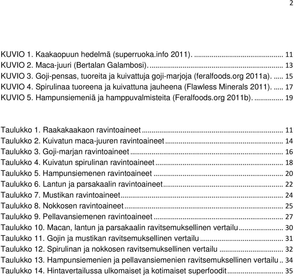 Raakakaakaon ravintoaineet... 11 Taulukko 2. Kuivatun maca-juuren ravintoaineet... 14 Taulukko 3. Goji-marjan ravintoaineet... 16 Taulukko 4. Kuivatun spirulinan ravintoaineet... 18 Taulukko 5.