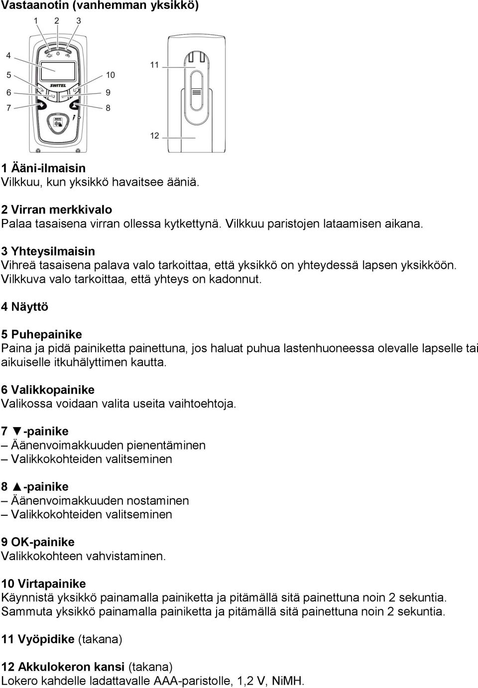 4 Näyttö 5 Puhepainike Paina ja pidä painiketta painettuna, jos haluat puhua lastenhuoneessa olevalle lapselle tai aikuiselle itkuhälyttimen kautta.